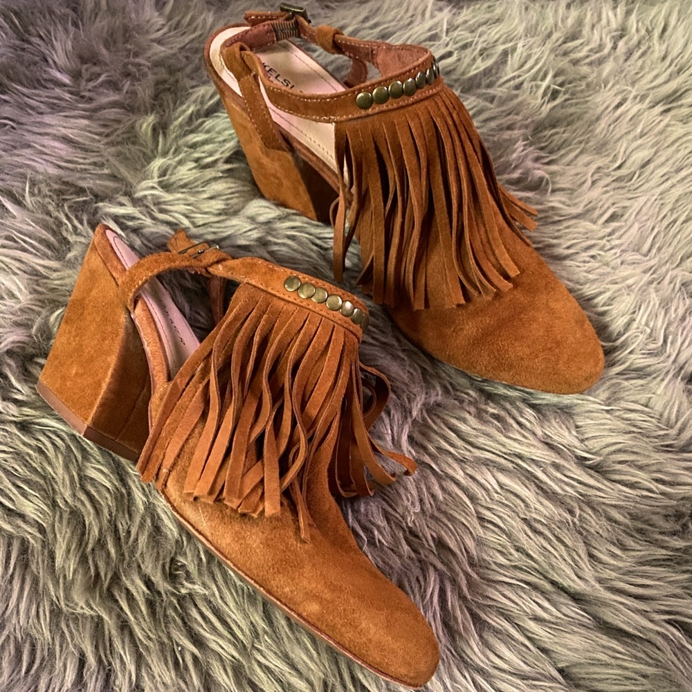 Kelsi Dagger, Cognac suede sandal booties